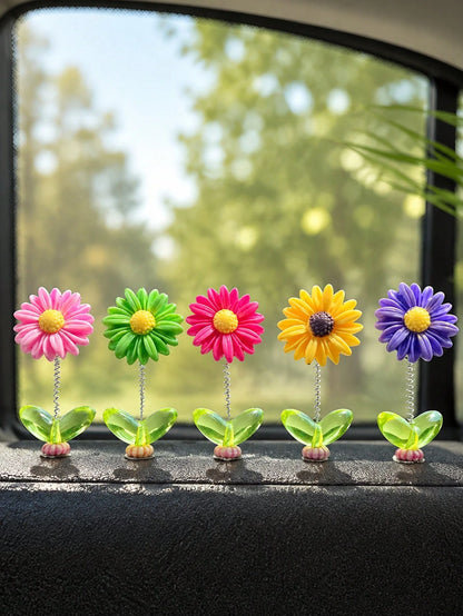 5pcs Mixed Color Cute Flower Car Dashboard Decor, Nodding Cute Flower Car Ornament, Floral Dashboard And Rearview Mirror Decoration, Resin Material