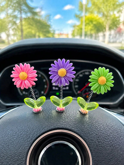 5pcs Mixed Color Cute Flower Car Dashboard Decor, Nodding Cute Flower Car Ornament, Floral Dashboard And Rearview Mirror Decoration, Resin Material