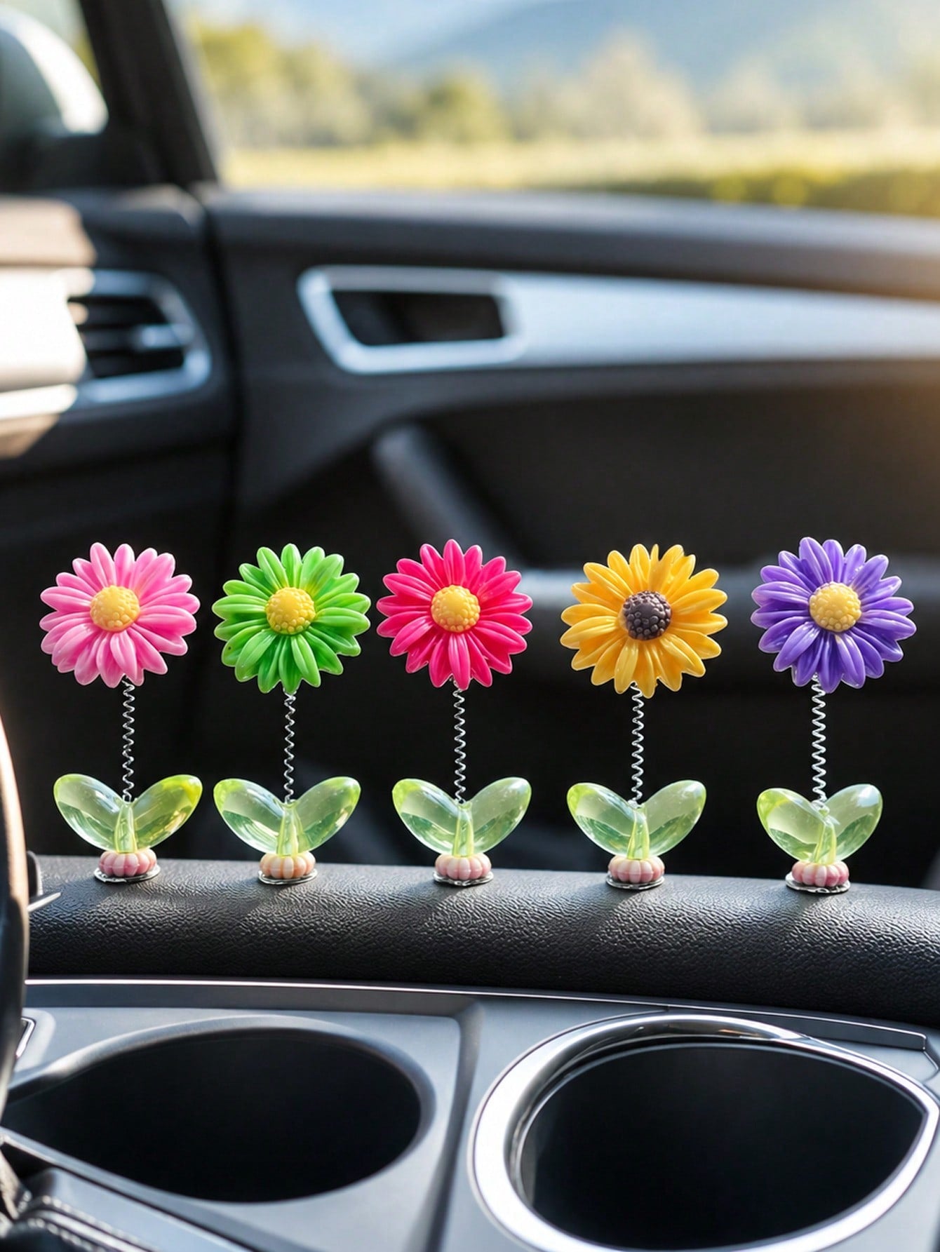 5pcs Mixed Color Cute Flower Car Dashboard Decor, Nodding Cute Flower Car Ornament, Floral Dashboard And Rearview Mirror Decoration, Resin Material