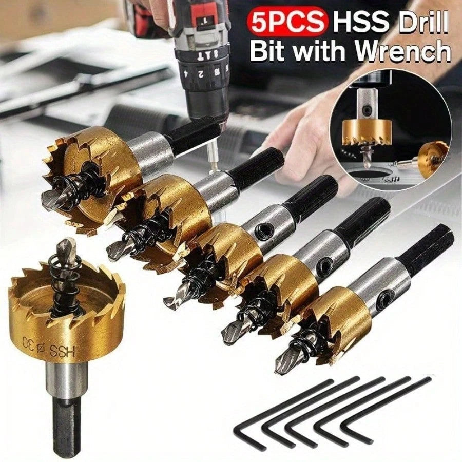 5Pcs/Set Hole Saw Bits Drill Bit Hole HSS Saws Set Titanium Plating Drill Bits Set High Speed Steel Hole Saw Cutting Kit Hole Saw Kits For Metal Stainless Steel Alloy (16mm, 18.5mm, 20mm, 25mm, 30mm)