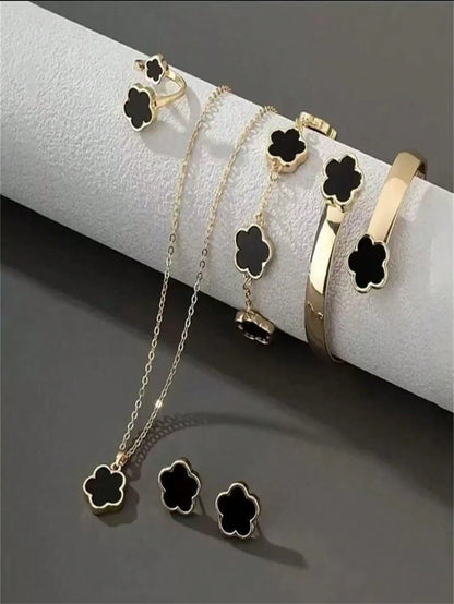 5pcs/Set Minimalist Plant Five-Leaf Flower Jewelry Set, Gold-Plated Stainless Steel Non-Fading, Five-Leaf Clover Gift
