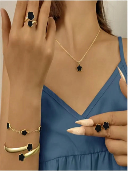 5pcs/Set Minimalist Plant Five-Leaf Flower Jewelry Set, Gold-Plated Stainless Steel Non-Fading, Five-Leaf Clover Gift