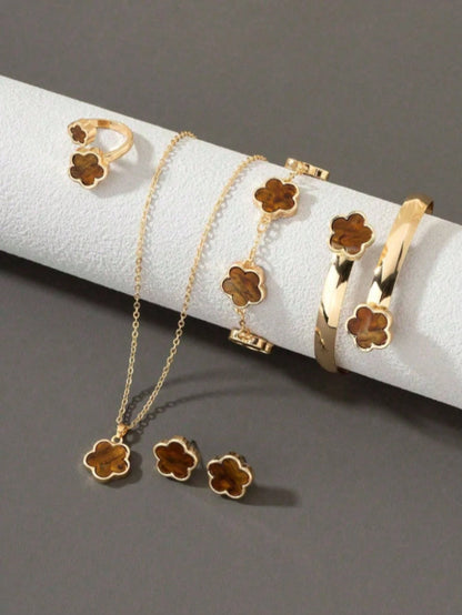 5pcs/Set Minimalist Plant Five-Leaf Flower Jewelry Set, Gold-Plated Stainless Steel Non-Fading, Five-Leaf Clover Gift