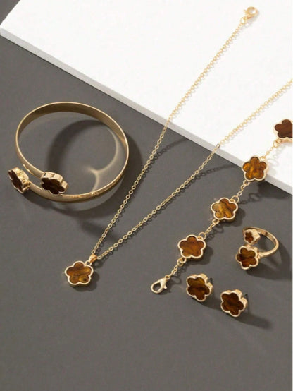 5pcs/Set Minimalist Plant Five-Leaf Flower Jewelry Set, Gold-Plated Stainless Steel Non-Fading, Five-Leaf Clover Gift