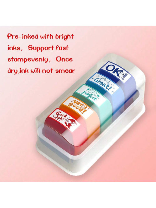 5pcs/Set Self-Inking Rubber Stamp, Color-Changing Comment Stamp For Education, Teacher Reward And Feedback Use, Clear Marking For Behavior And Achievement Evaluation, Comes With Storage Tray,Back To S