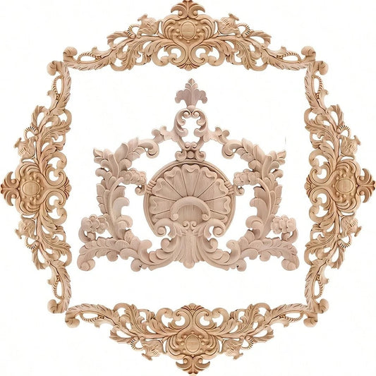 5pcs/Set Value Pack Wood Appliques Wooden Carved Onlays, Unpainted Decorative Wood Appliques DIY Wood Carving Decals For Door Cabinet Wall Wardrobe Dresser Mantel Furniture Decor