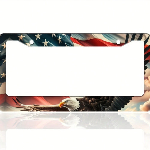 6.3x 12.2inch Heavy Duty Aluminum American Flag License Plate Frame With Eagle And 50 Stars And Stripes| Including Screws, All-Weather Vehicle Decoration, Suitable For Cars, Trucks, SUVs- Patriotic A