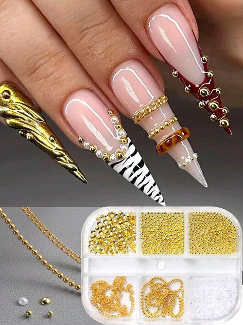 6 Slots Metal Ball & Faux Pearl Chain 3D Nail Art Decorations, Y2K Retro Style Nail Salon Accessories, DIY Nail Supplies Nails Nail Charms