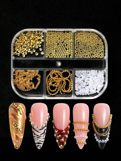 6 Slots Metal Ball & Faux Pearl Chain 3D Nail Art Decorations, Y2K Retro Style Nail Salon Accessories, DIY Nail Supplies Nails Nail Charms