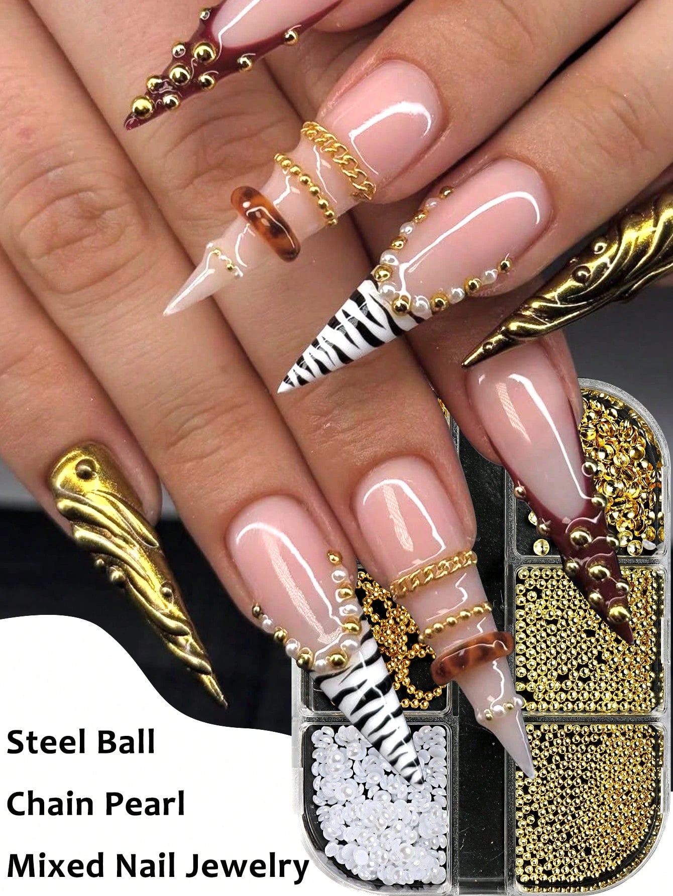 6 Slots Metal Ball & Faux Pearl Chain 3D Nail Art Decorations, Y2K Retro Style Nail Salon Accessories, DIY Nail Supplies Nails Nail Charms
