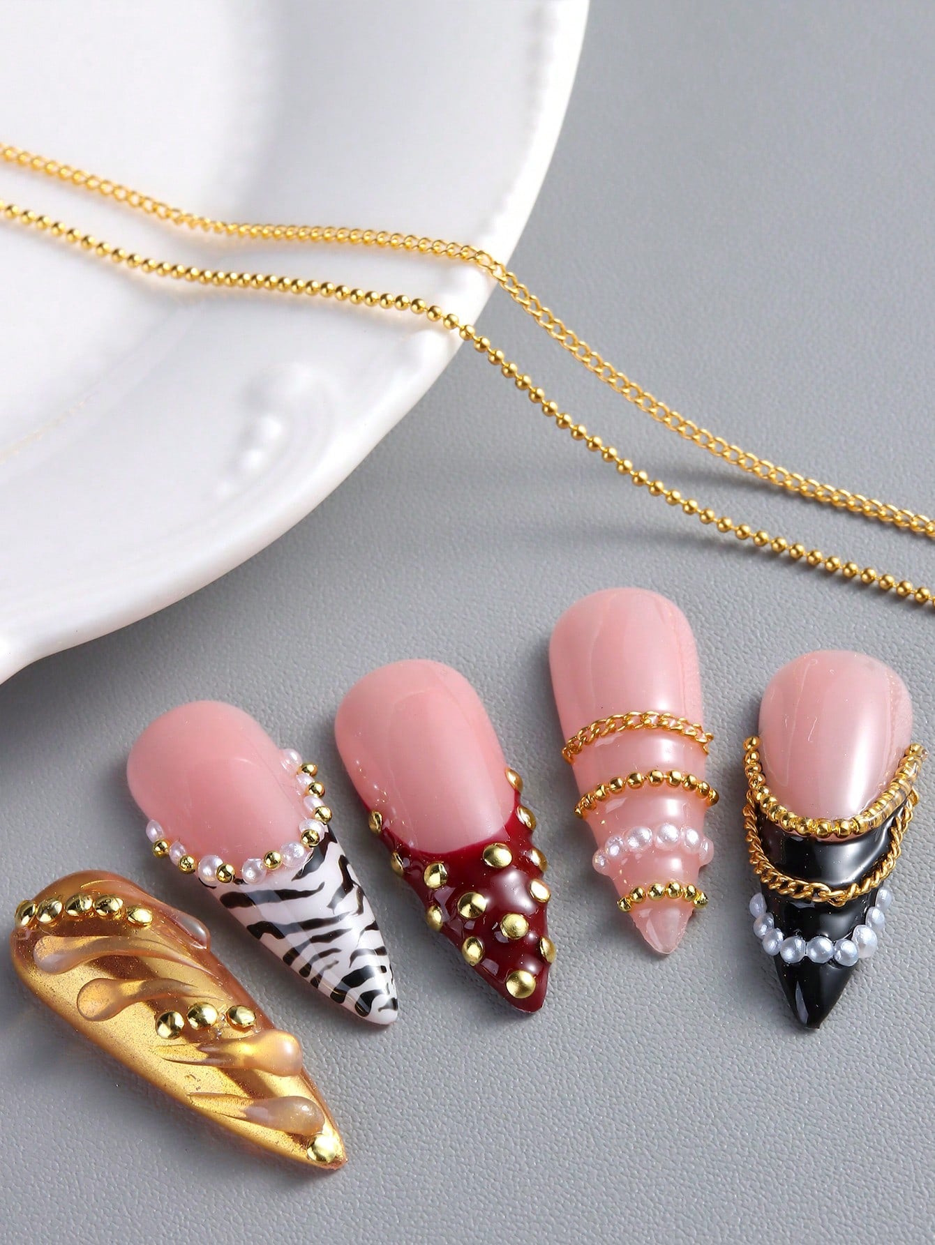 6 Slots Metal Ball & Faux Pearl Chain 3D Nail Art Decorations, Y2K Retro Style Nail Salon Accessories, DIY Nail Supplies Nails Nail Charms