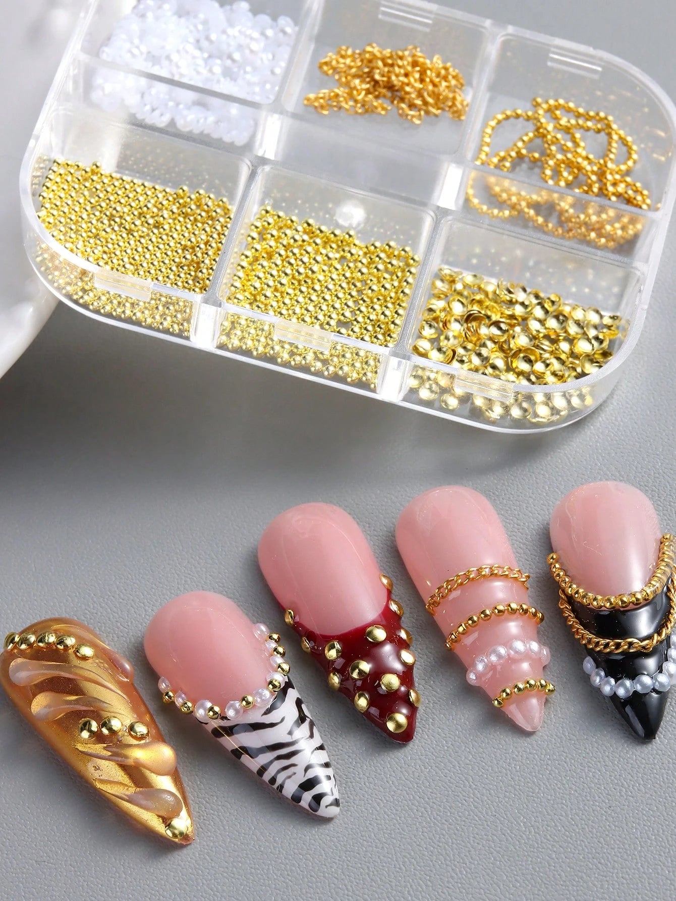 6 Slots Metal Ball & Faux Pearl Chain 3D Nail Art Decorations, Y2K Retro Style Nail Salon Accessories, DIY Nail Supplies Nails Nail Charms