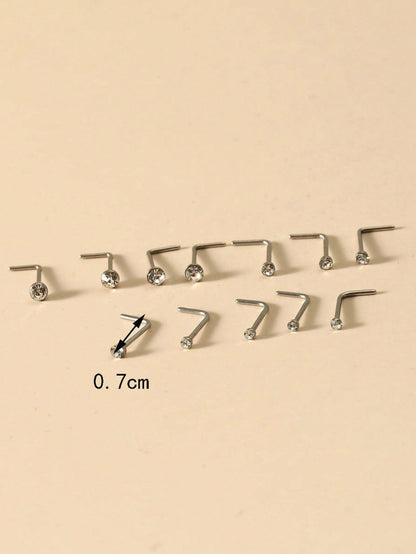 60pcs Multi-Size Stainless Steel Rhinestone Nose Studs
