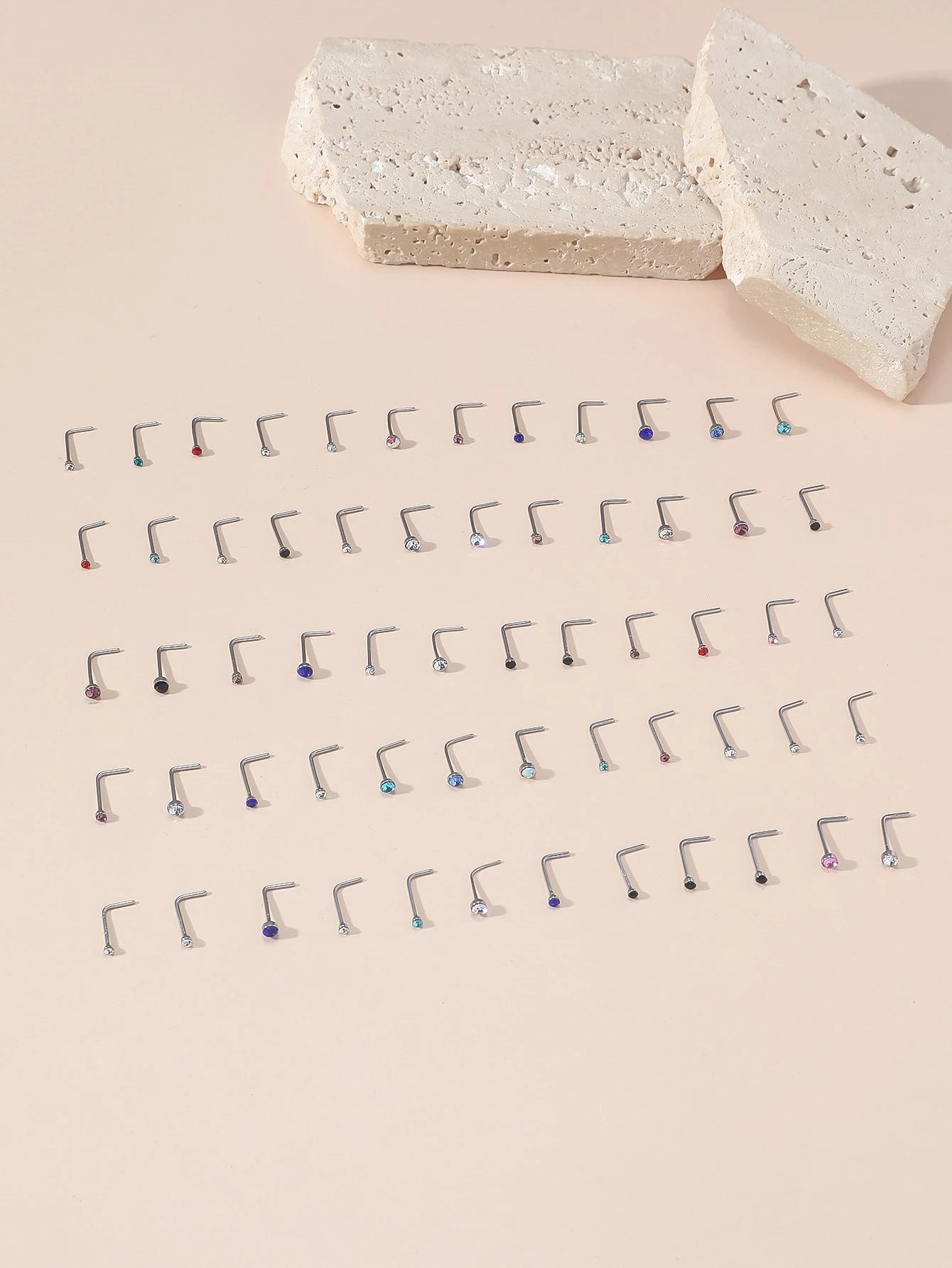 60pcs Multi-Size Stainless Steel Rhinestone Nose Studs
