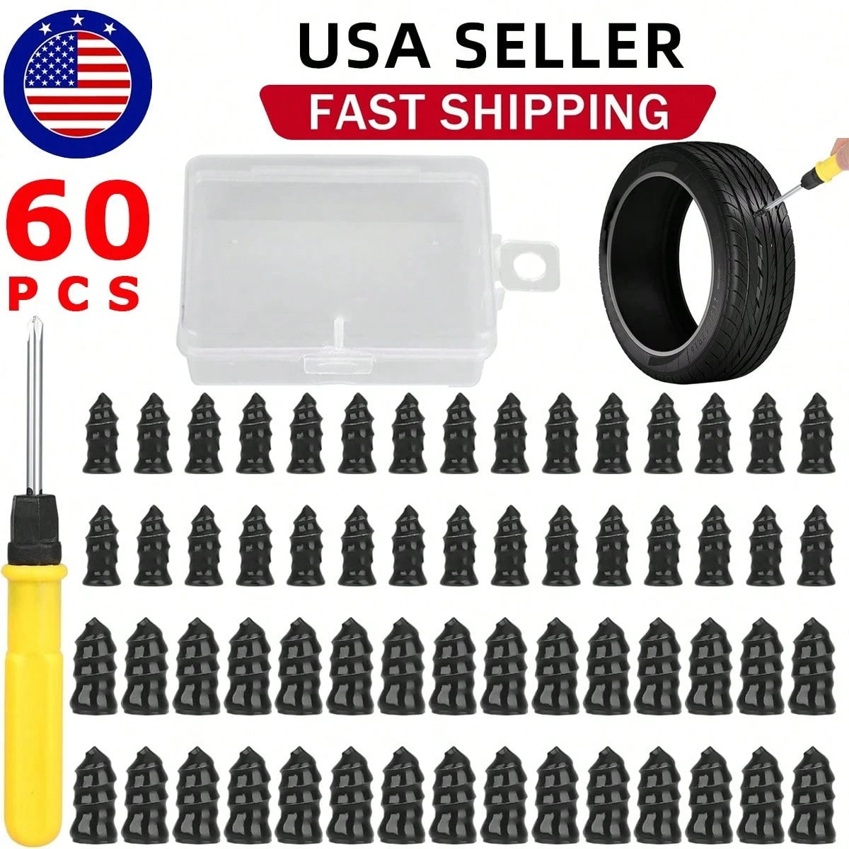 60PCS Tire Plug Kit, Tire Repair Rubber Nails, Vacuum Tyre Repair Screws Fast Repair Kit With A Box, Screwdriver, For Car Motorcycle Truck ATV Tire Puncture Repair
