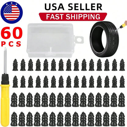 60PCS Tire Plug Kit, Tire Repair Rubber Nails, Vacuum Tyre Repair Screws Fast Repair Kit With A Box, Screwdriver, For Car Motorcycle Truck ATV Tire Puncture Repair