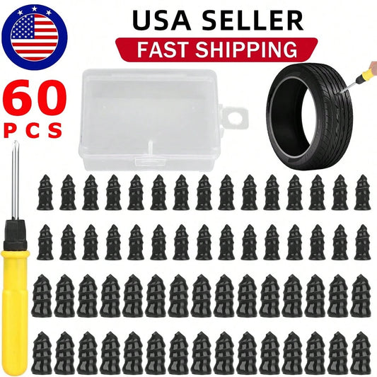 60PCS Tire Plug Kit, Tire Repair Rubber Nails, Vacuum Tyre Repair Screws Fast Repair Kit With A Box, Screwdriver, For Car Motorcycle Truck ATV Tire Puncture Repair