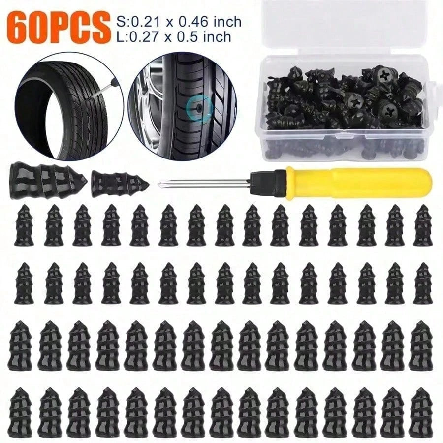 60PCS Tire Plug Kit, Tire Repair Rubber Nails, Vacuum Tyre Repair Screws Fast Repair Kit With A Box, Screwdriver, For Car Motorcycle Truck ATV Tire Puncture Repair