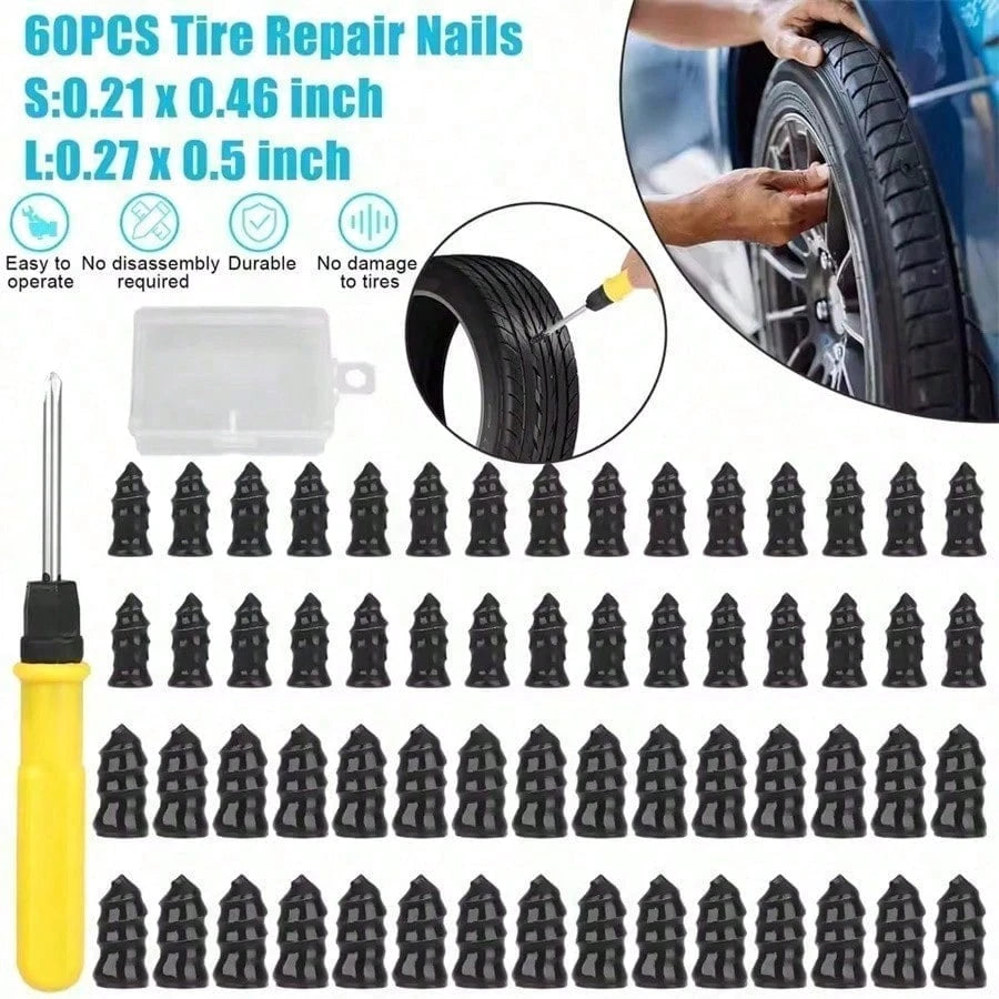 60PCS Tire Plug Kit, Tire Repair Rubber Nails, Vacuum Tyre Repair Screws Fast Repair Kit With A Box, Screwdriver, For Car Motorcycle Truck ATV Tire Puncture Repair