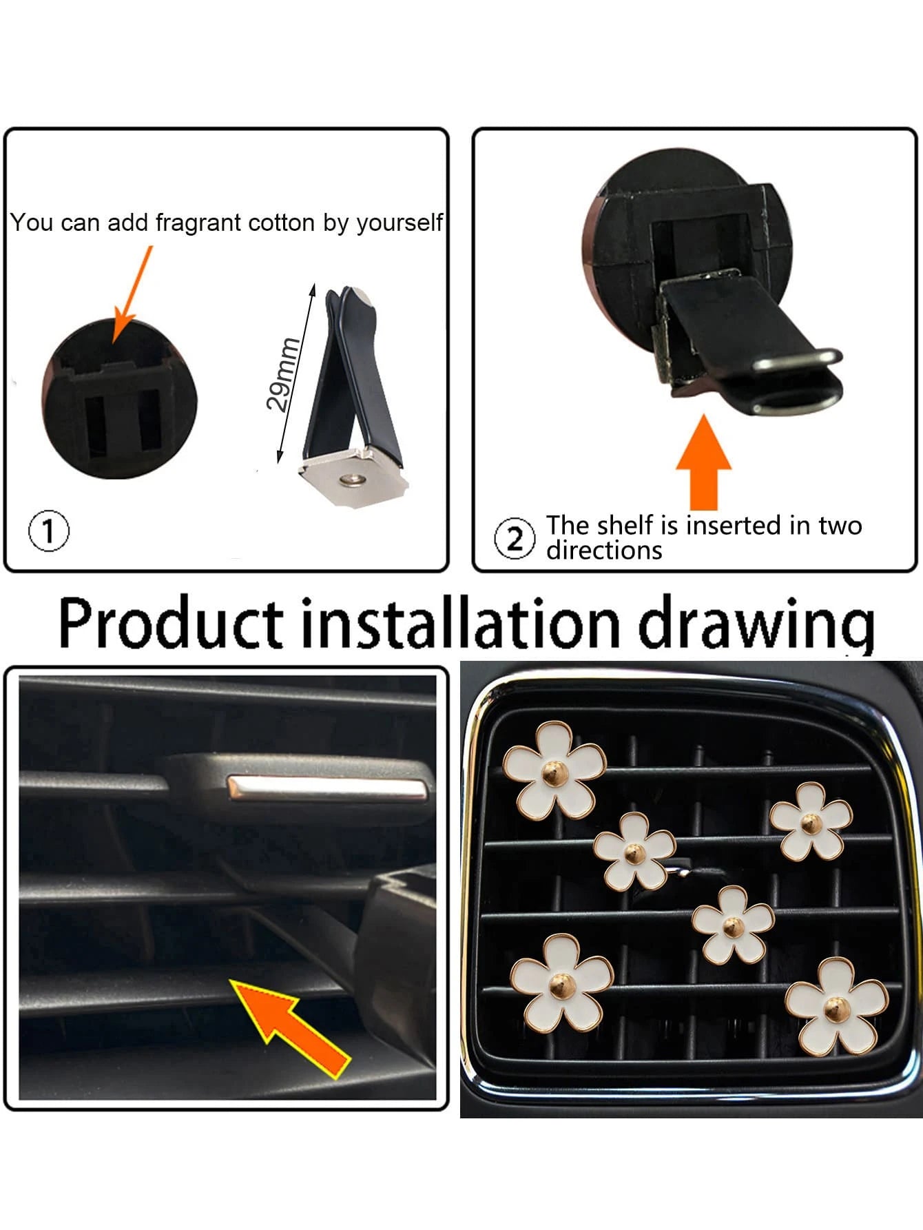 6pcs Flower Design Zinc Alloy Car Air Outlet Aromatherapy Decor Clip