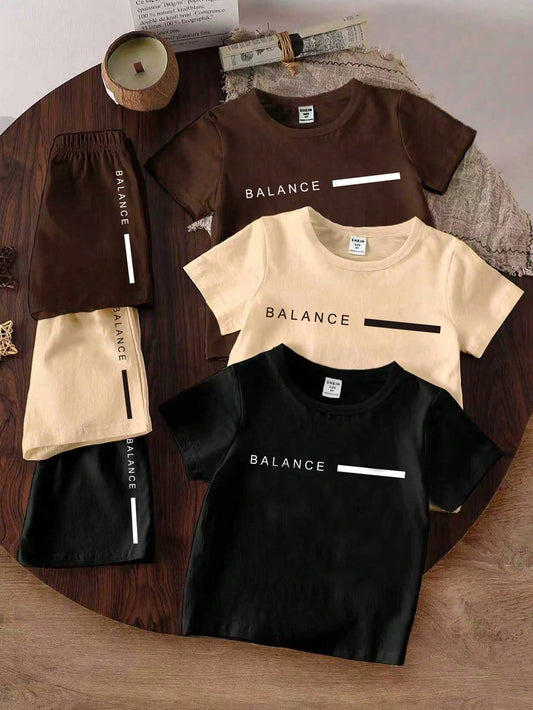 6pcs/Set Baby Boys Summer Casual Beach Outfits,All Shades Of Brown Minimalist Lettering Graphic Print Short T-Shirt & Shorts,Fashionable Daily Wear