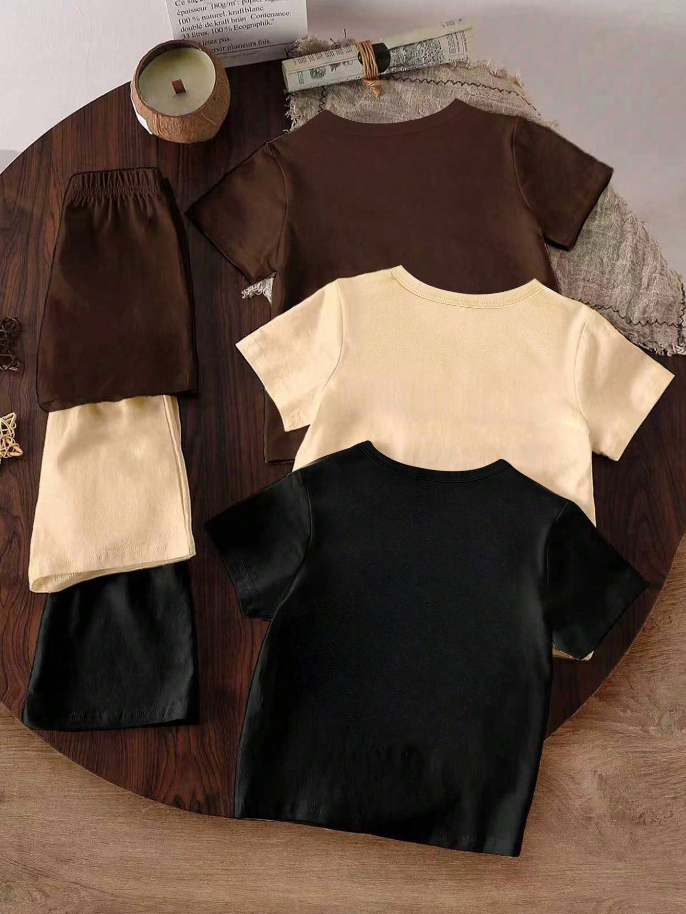 6pcs/Set Baby Boys Summer Casual Beach Outfits,All Shades Of Brown Minimalist Lettering Graphic Print Short T-Shirt & Shorts,Fashionable Daily Wear