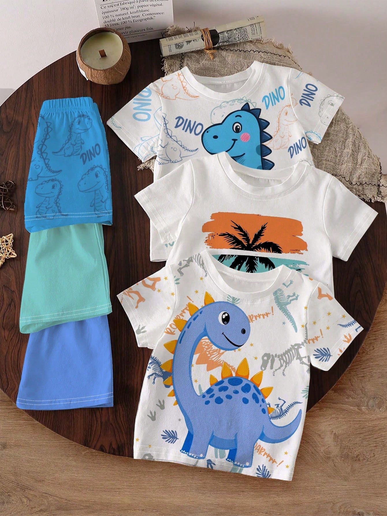 6pcs/Set Baby Boys Summer Casual Beach Outfits,All Shades Of Brown Minimalist Lettering Graphic Print Short T-Shirt & Shorts,Fashionable Daily Wear