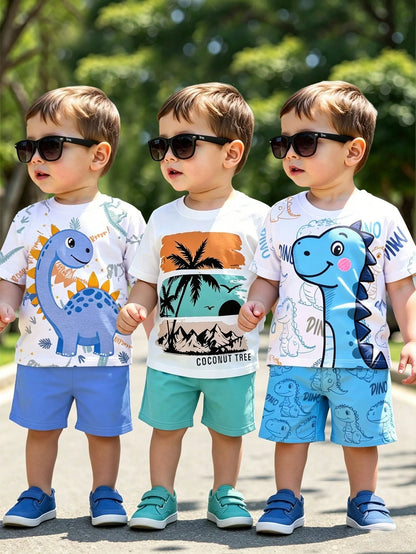 6pcs/Set Baby Boys Summer Casual Beach Outfits,All Shades Of Brown Minimalist Lettering Graphic Print Short T-Shirt & Shorts,Fashionable Daily Wear