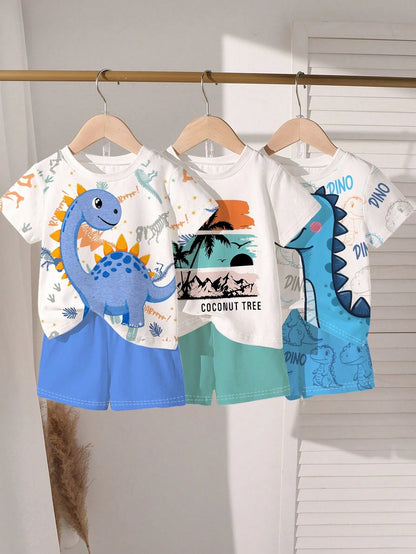 6pcs/Set Baby Boys Summer Casual Beach Outfits,All Shades Of Brown Minimalist Lettering Graphic Print Short T-Shirt & Shorts,Fashionable Daily Wear