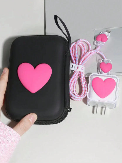 6pcs/Set EVA Cable Organizer Bag + 1.5m Heart-Shaped Winder + Reinforced Anti-Breakage TPU Charging Head Cover Compatible With IPhone 12/13/14 Models, 20W Fast Charging Data Cable