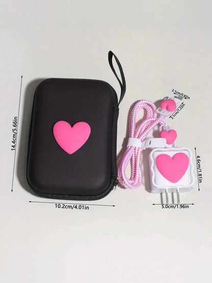 6pcs/Set EVA Cable Organizer Bag + 1.5m Heart-Shaped Winder + Reinforced Anti-Breakage TPU Charging Head Cover Compatible With IPhone 12/13/14 Models, 20W Fast Charging Data Cable