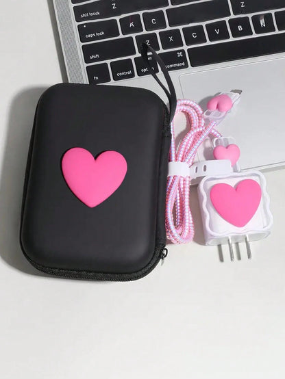 6pcs/Set EVA Cable Organizer Bag + 1.5m Heart-Shaped Winder + Reinforced Anti-Breakage TPU Charging Head Cover Compatible With IPhone 12/13/14 Models, 20W Fast Charging Data Cable