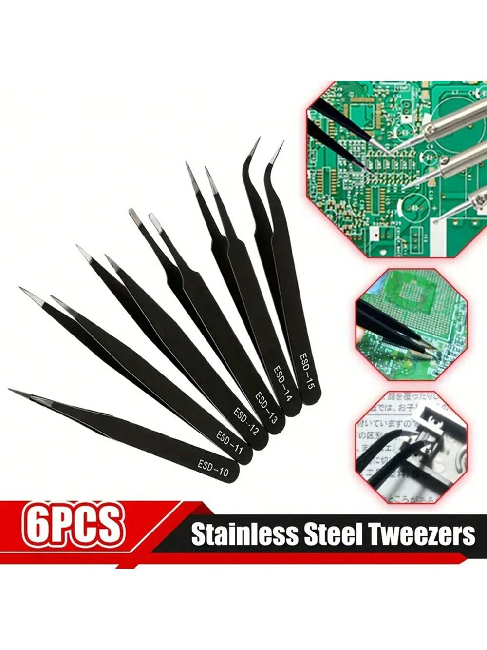 6pcs/Set Precision Tweezers Kit- Antistatic Stainless Steel, Ergonomic Antistatic Handles, Suitable For DIY, Jewelry Making, Electronics Repair