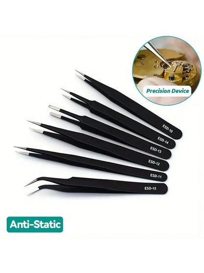 6pcs/Set Precision Tweezers Kit- Antistatic Stainless Steel, Ergonomic Antistatic Handles, Suitable For DIY, Jewelry Making, Electronics Repair