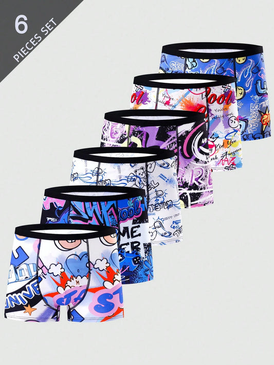 6pcs/Set Teenage Boys' Video Game Graffiti Gradient Relay Race Smiling Face Print Briefs, Cool Faces, Hearts, Stars, Wings, Bear Design Black White