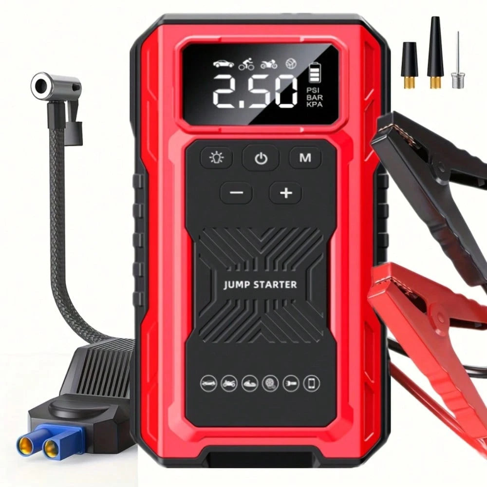 7-In-1 Portable Car Jump Starter With Air Compressor & LCD Display- Heavy-Duty Battery Booster Suitable For Gas/ Engines, Emergency Power Source With 3-Mode Flashlight