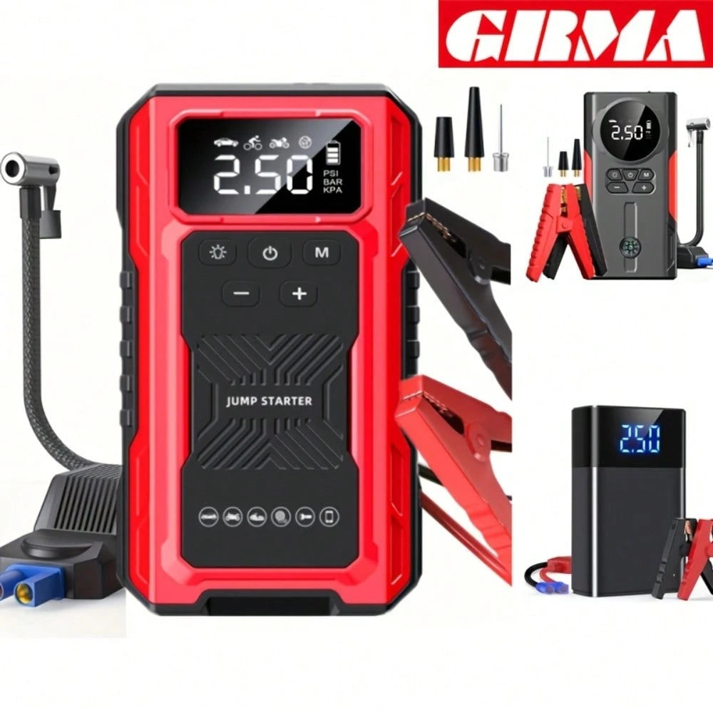 7-In-1 Portable Car Jump Starter With Air Compressor & LCD Display- Heavy-Duty Battery Booster Suitable For Gas/ Engines, Emergency Power Source With 3-Mode Flashlight