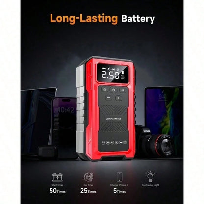 7-In-1 Portable Car Jump Starter With Air Compressor & LCD Display- Heavy-Duty Battery Booster Suitable For Gas/ Engines, Emergency Power Source With 3-Mode Flashlight