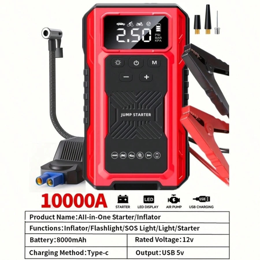 7-In-1 Portable Car Jump Starter With Air Compressor & LCD Display- Heavy-Duty Battery Booster Suitable For Gas/ Engines, Emergency Power Source With 3-Mode Flashlight