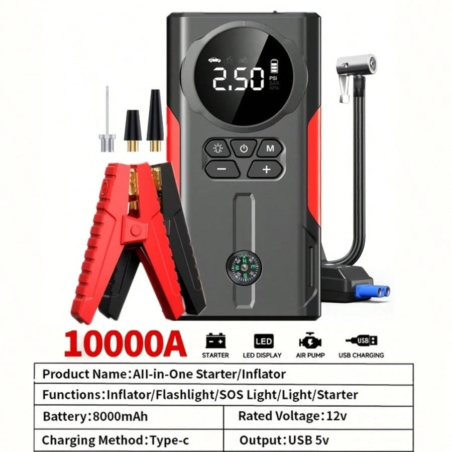7-In-1 Portable Car Jump Starter With Air Compressor & LCD Display- Heavy-Duty Battery Booster Suitable For Gas/ Engines, Emergency Power Source With 3-Mode Flashlight