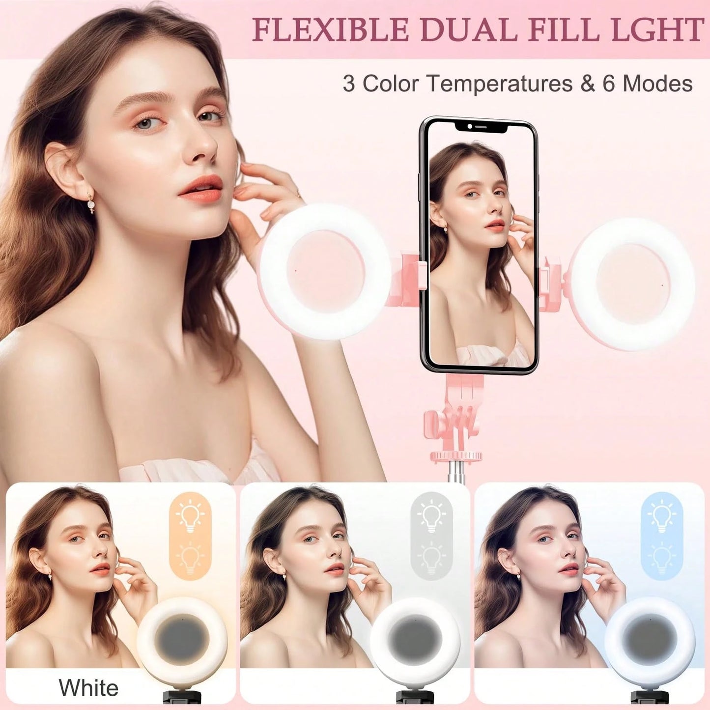 70 Inch Djustable Dual Color Temperature Fill Light Selfie Stick Tripod With Dual Fill Lights, Adjustable Dimming Knob, For Makeup, Live Streaming, YT Videos, TK, Photography, Compatible With Cameras