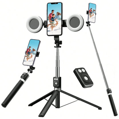 70 Inch Djustable Dual Color Temperature Fill Light Selfie Stick Tripod With Dual Fill Lights, Adjustable Dimming Knob, For Makeup, Live Streaming, YT Videos, TK, Photography, Compatible With Cameras