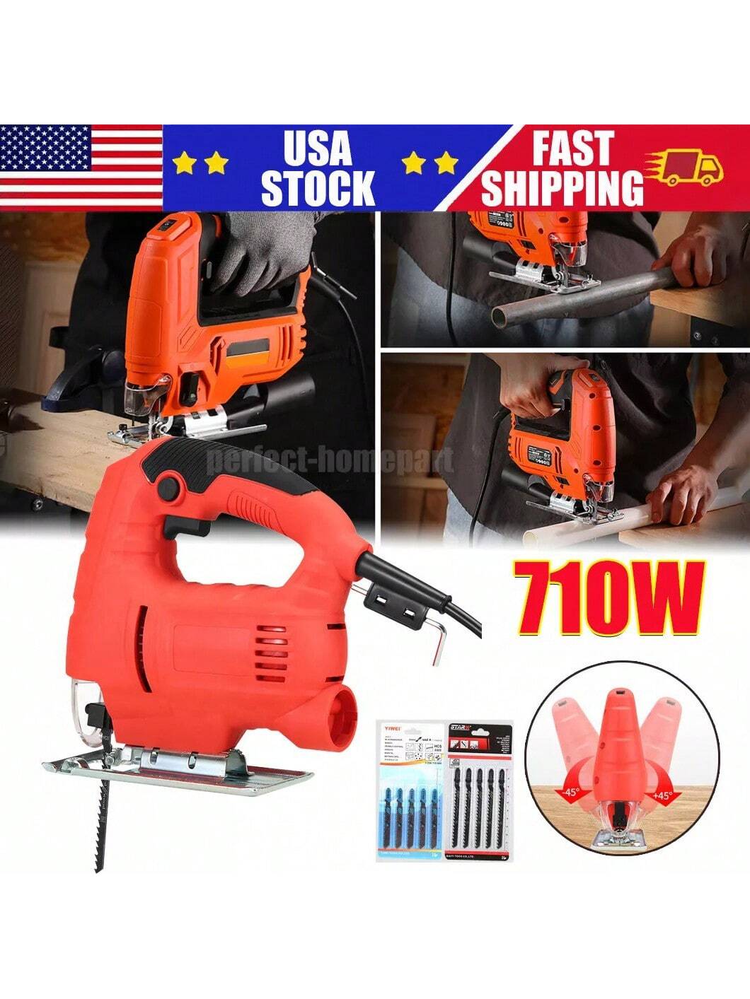 710W Jig Saw 3000RPM Corded Electric Jigsaw 6 Variable Speeds Jigsaw Tool Kit US