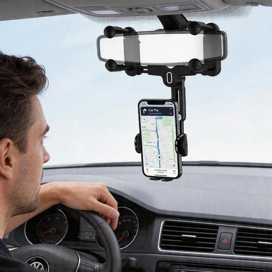 7th Gen Rearview Mirror Phone Mount, 180° Rotatable Telescopic Car Phone Holder, Upgraded 4-Clamp Stable Design Fits 98% Vehicles 4-7 Inch Phones, Easy One-Touch Lock Mirror Arm & Frame Combo Mount