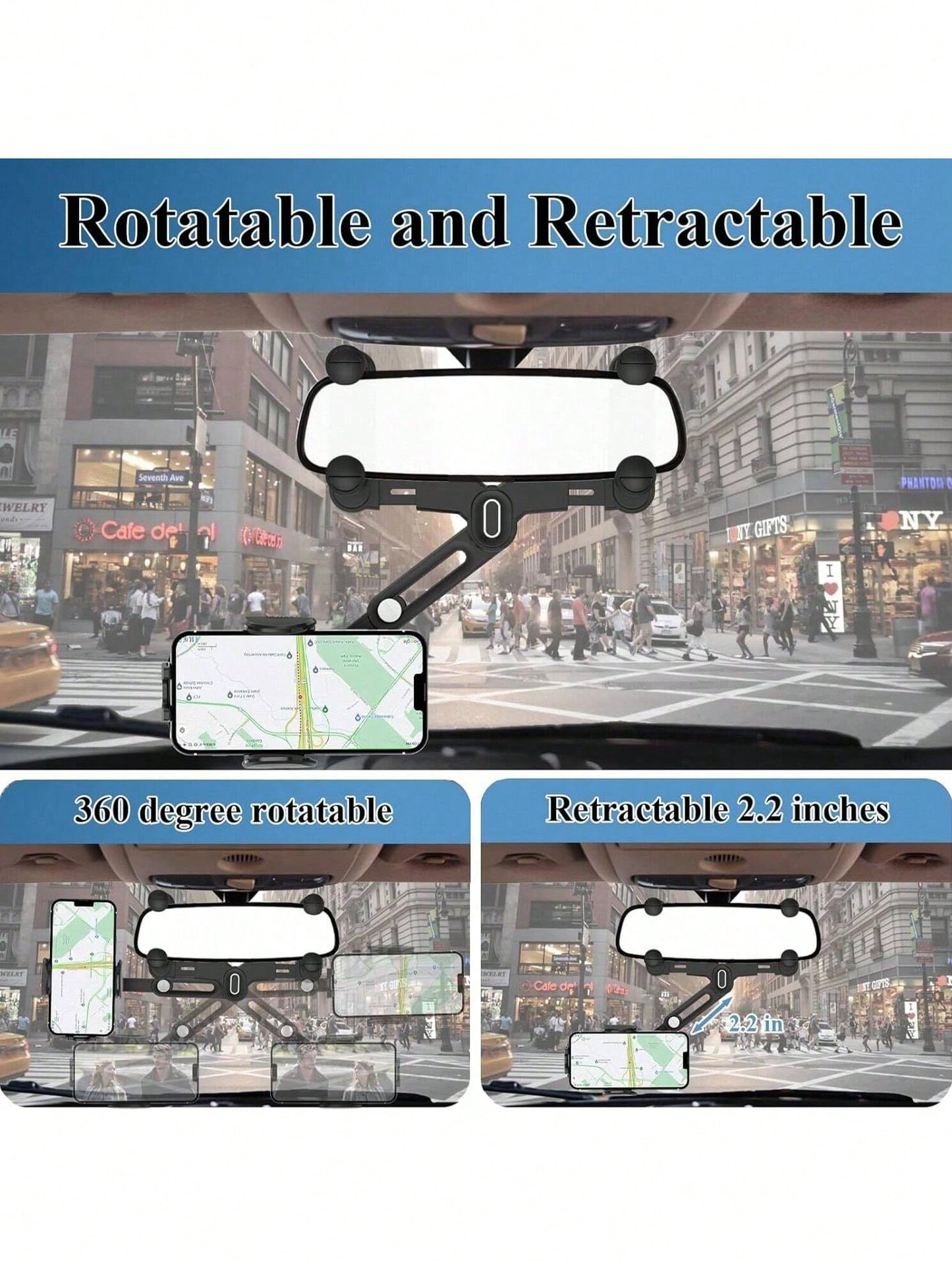 7th Gen Rearview Mirror Phone Mount, 180° Rotatable Telescopic Car Phone Holder, Upgraded 4-Clamp Stable Design Fits 98% Vehicles 4-7 Inch Phones, Easy One-Touch Lock Mirror Arm & Frame Combo Mount