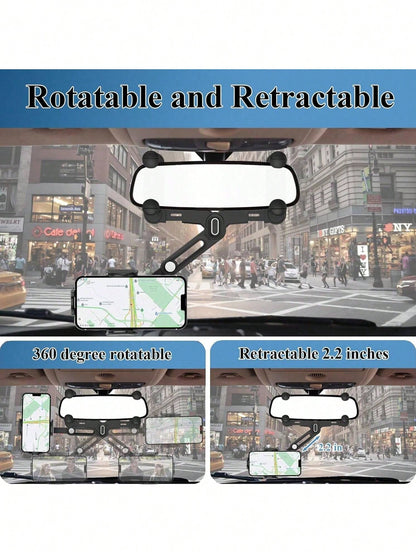 7th Gen Rearview Mirror Phone Mount, 180° Rotatable Telescopic Car Phone Holder, Upgraded 4-Clamp Stable Design Fits 98% Vehicles 4-7 Inch Phones, Easy One-Touch Lock Mirror Arm & Frame Combo Mount