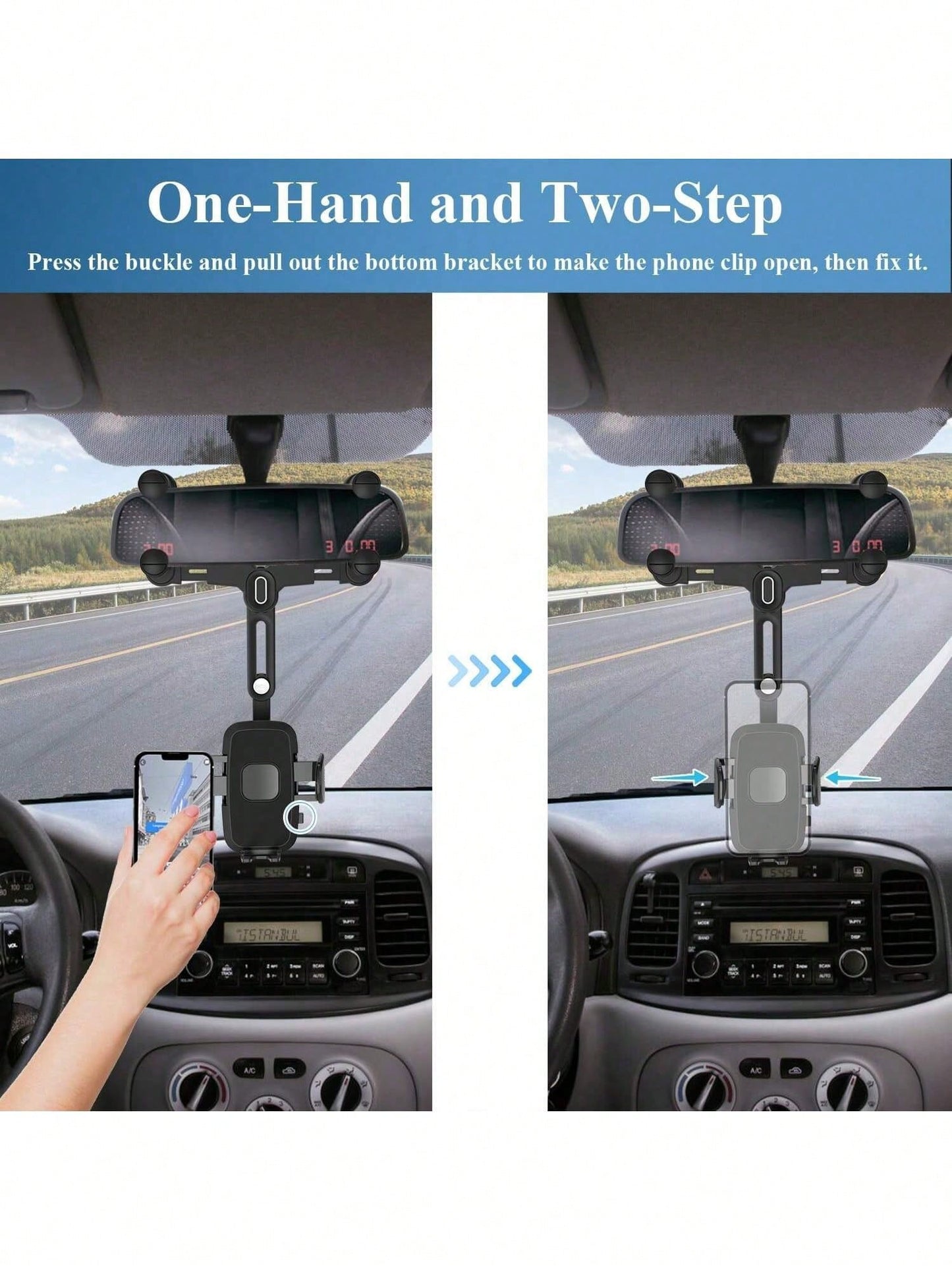 7th Gen Rearview Mirror Phone Mount, 180° Rotatable Telescopic Car Phone Holder, Upgraded 4-Clamp Stable Design Fits 98% Vehicles 4-7 Inch Phones, Easy One-Touch Lock Mirror Arm & Frame Combo Mount