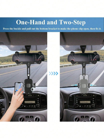 7th Gen Rearview Mirror Phone Mount, 180° Rotatable Telescopic Car Phone Holder, Upgraded 4-Clamp Stable Design Fits 98% Vehicles 4-7 Inch Phones, Easy One-Touch Lock Mirror Arm & Frame Combo Mount