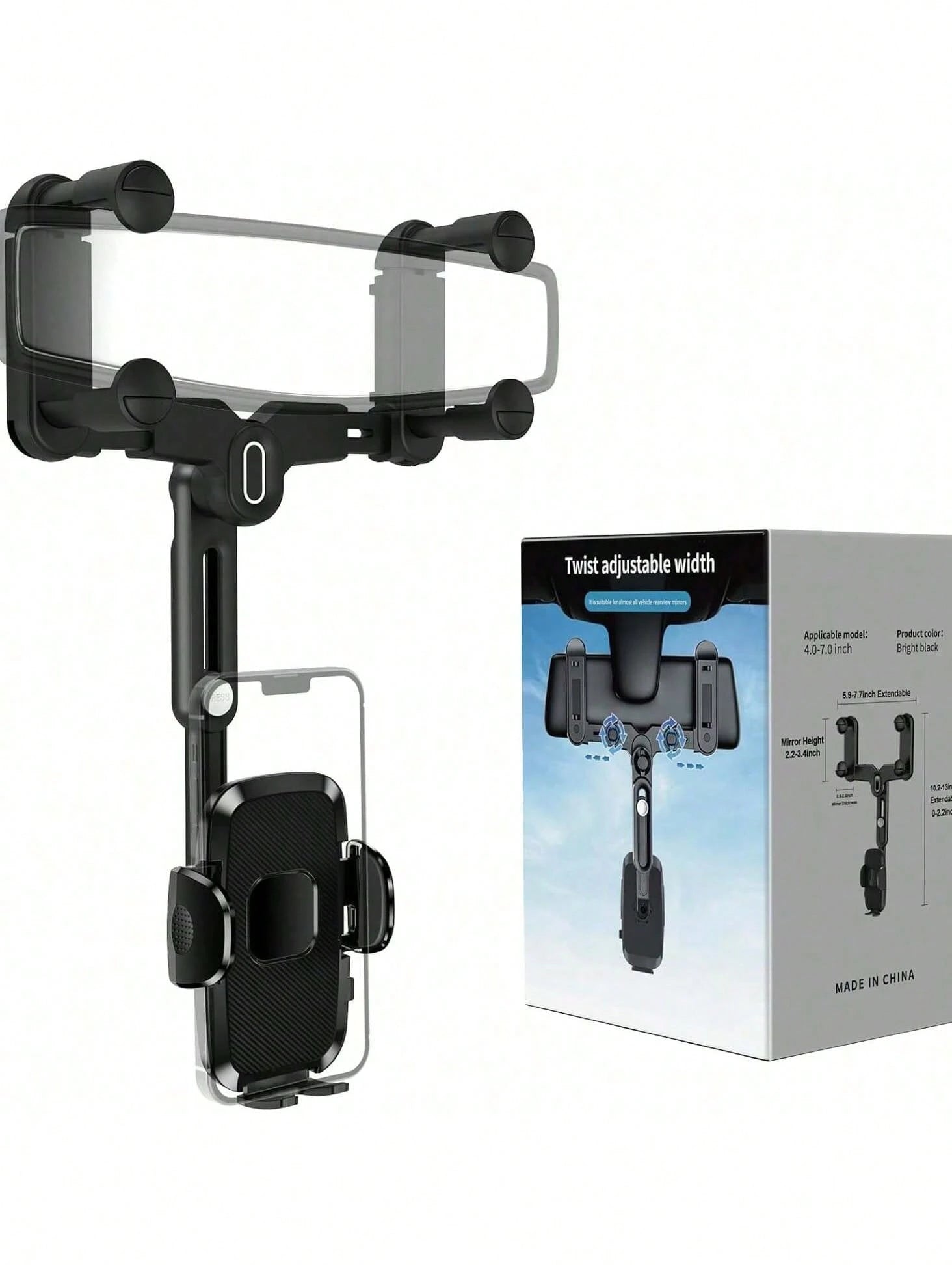 7th Gen Rearview Mirror Phone Mount, 180° Rotatable Telescopic Car Phone Holder, Upgraded 4-Clamp Stable Design Fits 98% Vehicles 4-7 Inch Phones, Easy One-Touch Lock Mirror Arm & Frame Combo Mount