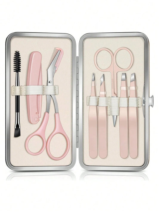 8 In 1 Eyebrow Grooming Kit, Precision Facial Hair Tweezers Set With Eyebrow Scissors, Face Razor, Brow Brush & Portable Storage Bag, Daily Hair Removal Beauty Tools For Women